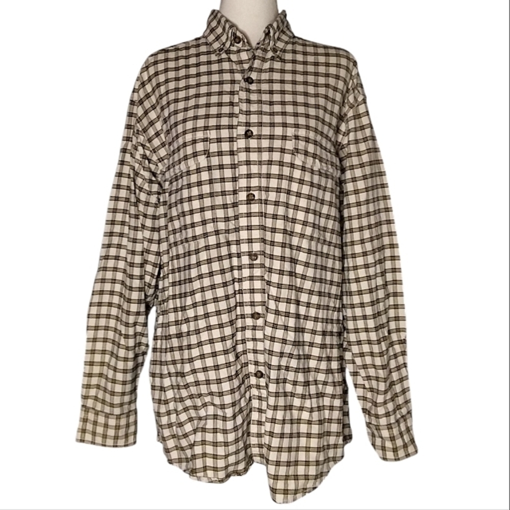 Woolrich Cream Yellow Black Cotton Flannel Windowpane Plaid Button Up Large